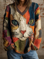 Damen Katzen-Oberteile mit geometrischem Kunstdruck mit V-Ausschnitt