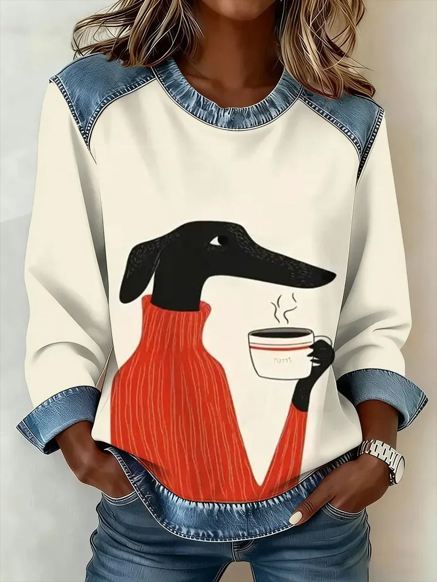 Damen Retro niedliches Hunde-Kaffee-Print Denim-Patchwork-Oberteil
