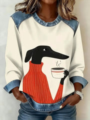 Damen Retro niedliches Hunde-Kaffee-Print Denim-Patchwork-Oberteil