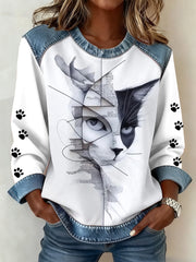 Damen Katzen pfoten Kunst bedrucktes Jeans-Patchwork-Top