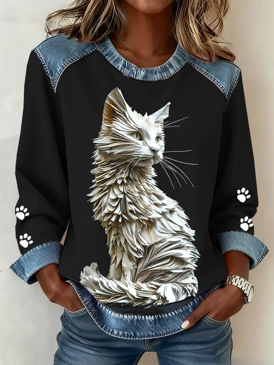 Damen Katzen pfoten Kunst bedrucktes Jeans-Patchwork-Top