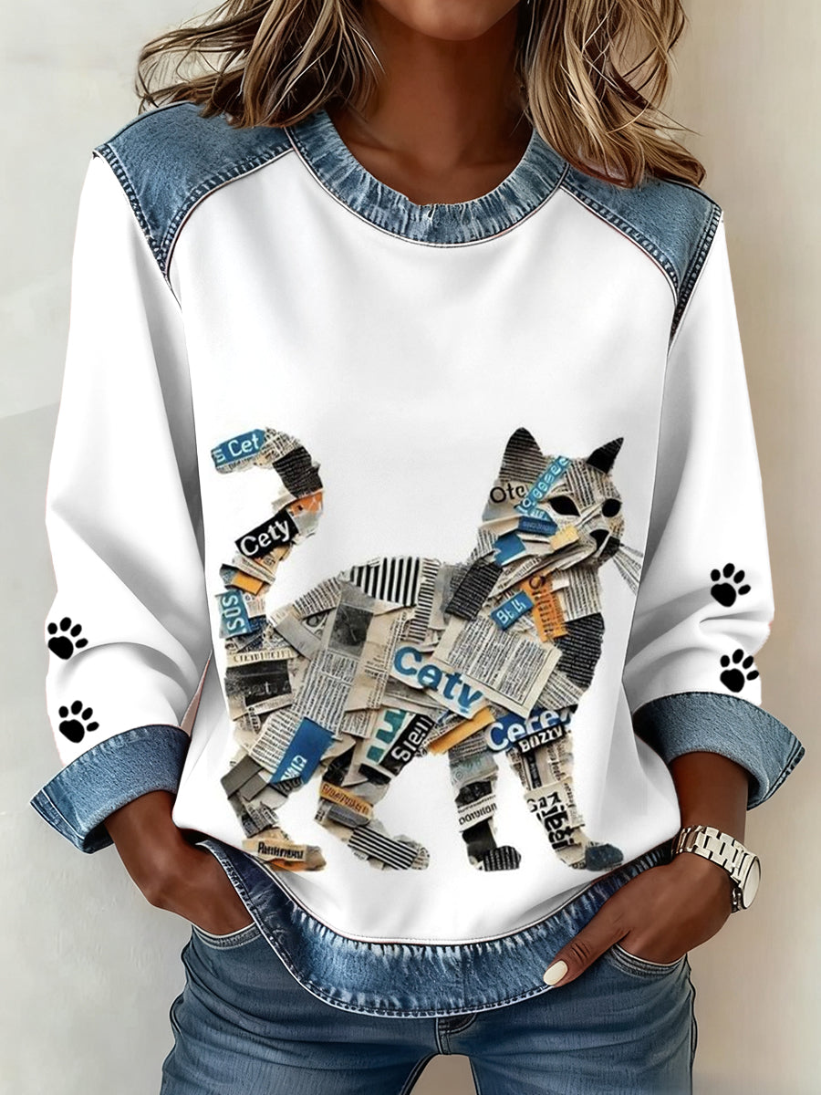 Damen Katzen pfoten Kunst bedrucktes Jeans-Patchwork-Top