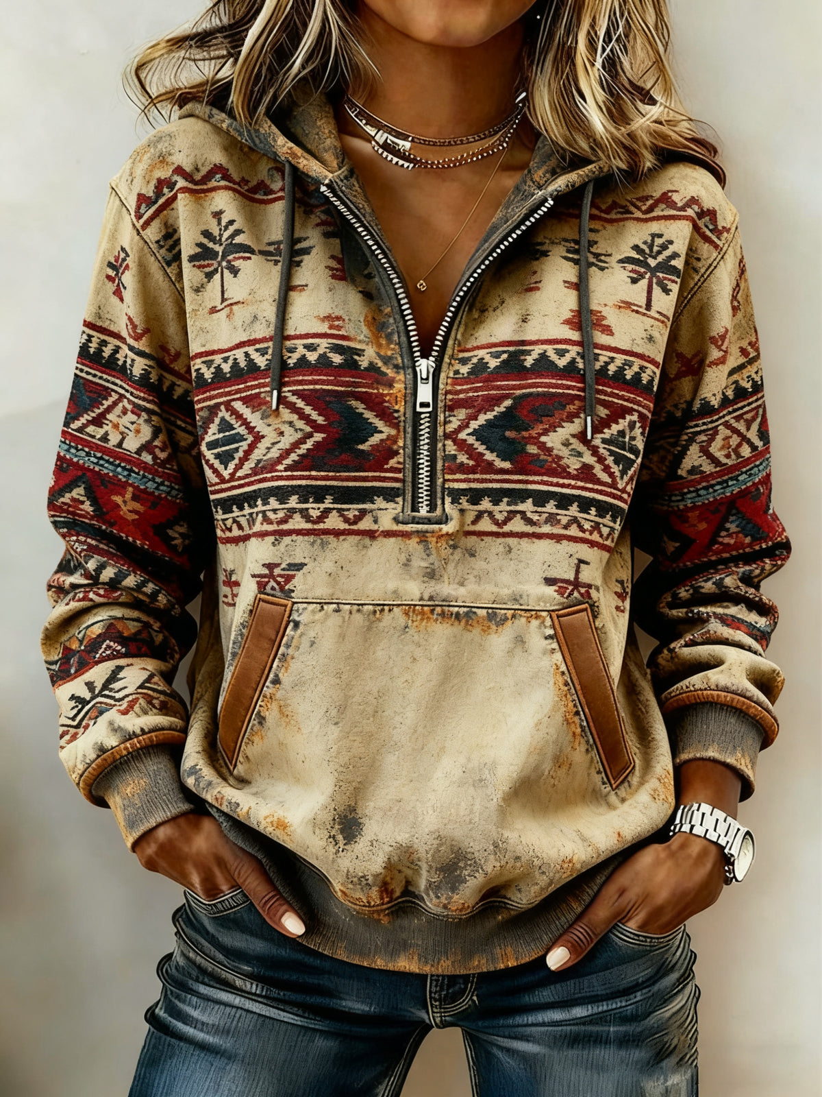 Vintage Western bedruckter Casual Hoodie für Damen