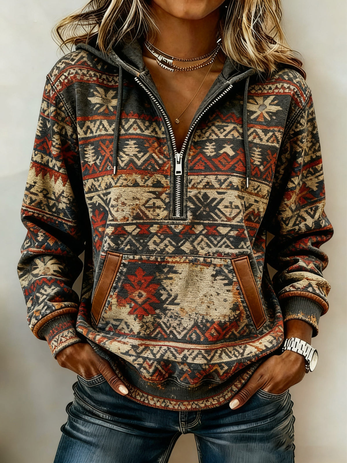 Vintage Western bedruckter Casual Hoodie für Damen