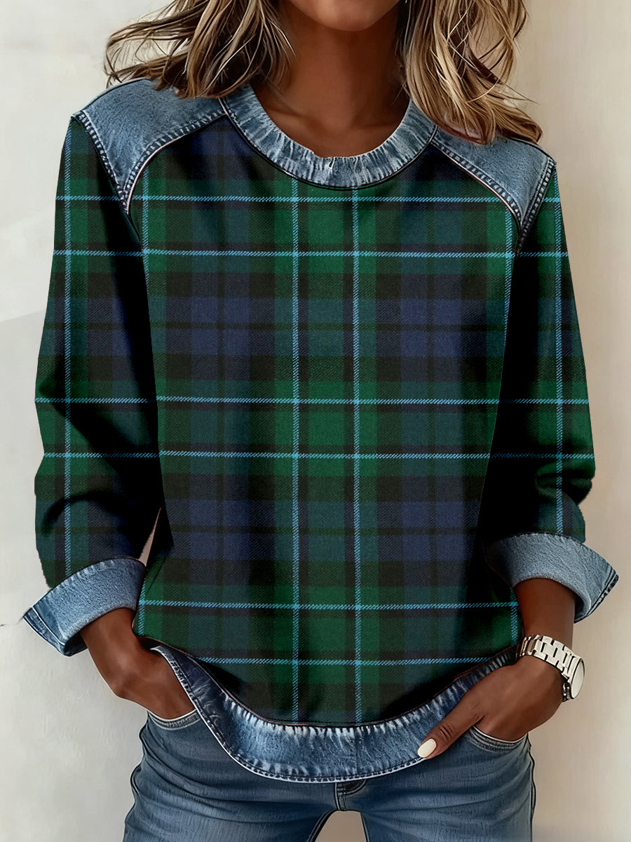 Women's Scottish Plaid Print Denim Patchwork Sweatshirt