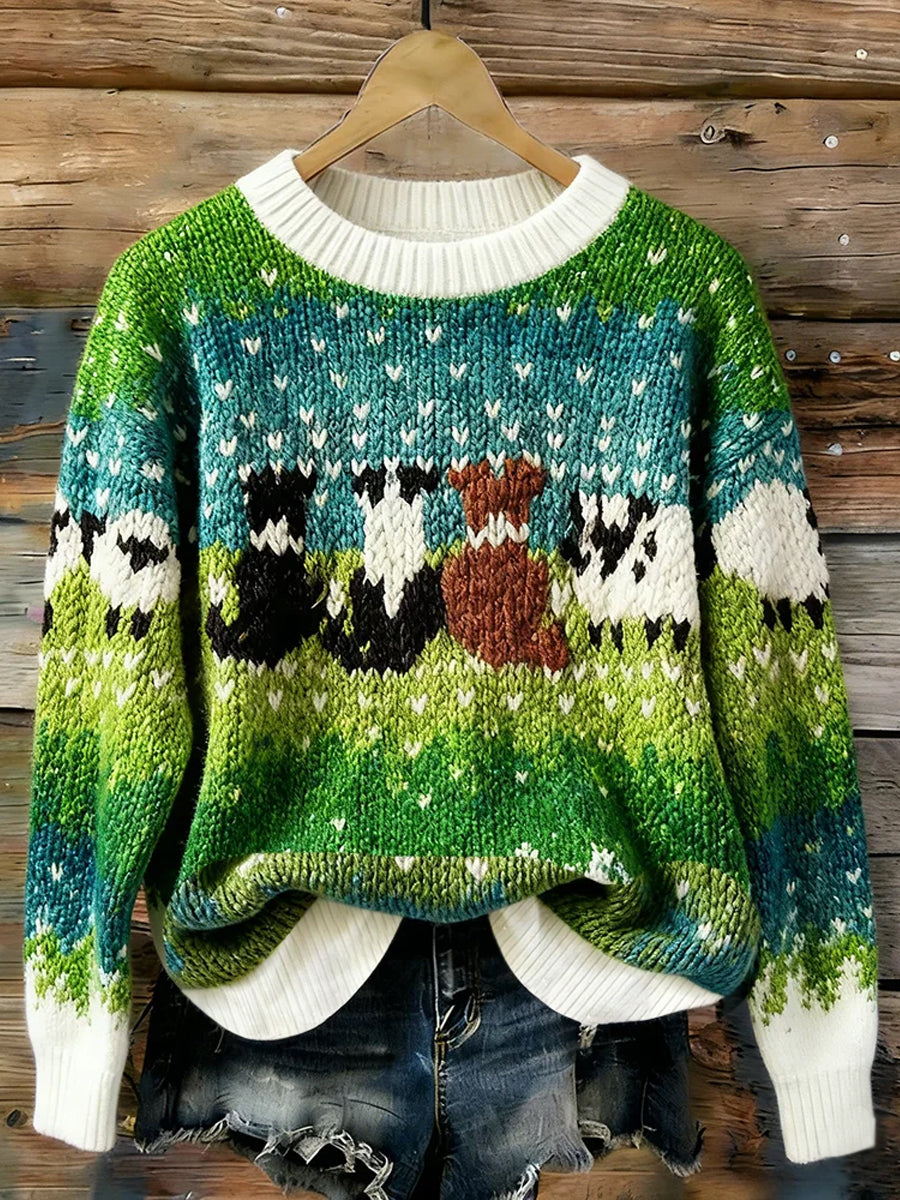 Bedruckter Rundhals pullover mit niedlichem Hunde muster für Damen