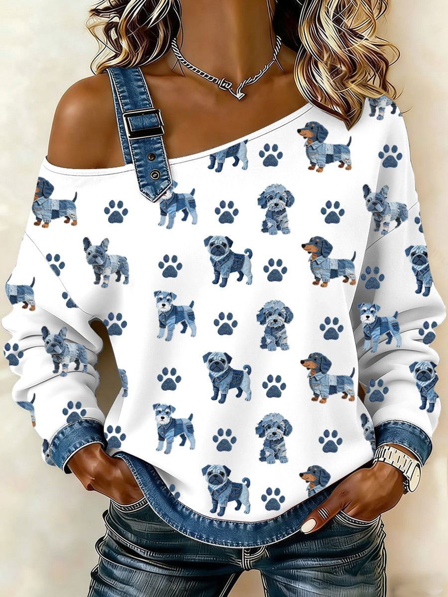 Damen-Hunde muster Denim-Patchwork-Top