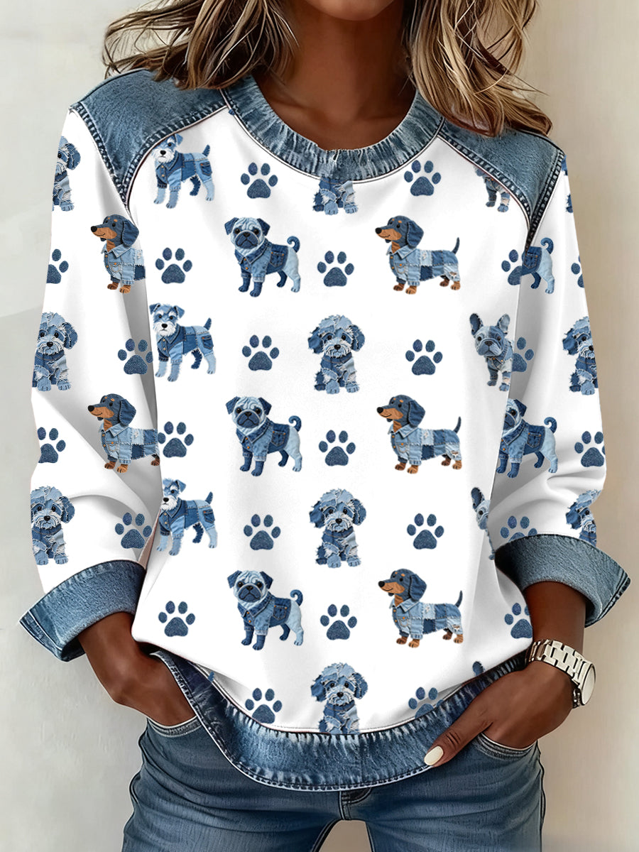 Damen schöne Hunde muster Denim Patchwork Sweatshirt