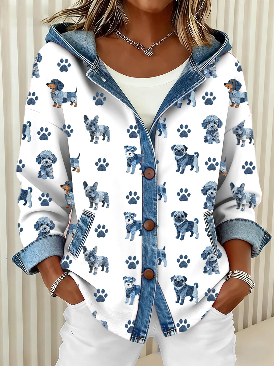 Damen schöne Hunde muster Denim Patchwork Kapuzen strickjacke