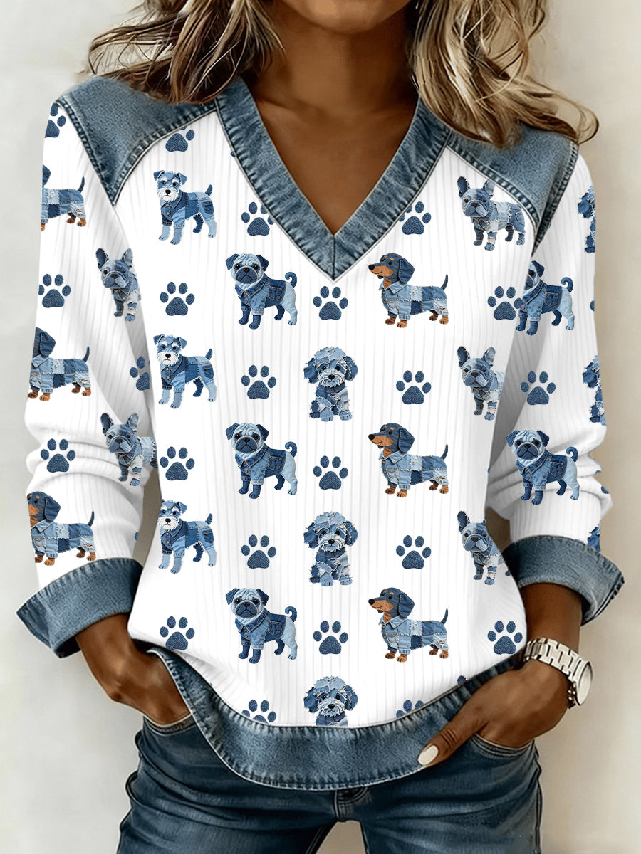 Damen-Hunde muster Denim-Patchwork-Top mit V-Ausschnitt
