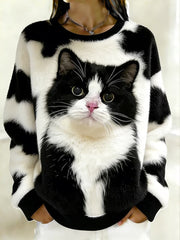 Damen-Sweatshirt mit süßem Katzen-Kunst-Rundhals-Flanell