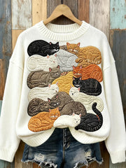 Damen niedliche Katzen-Kunst-Pullover mit Rundhals ausschnitt