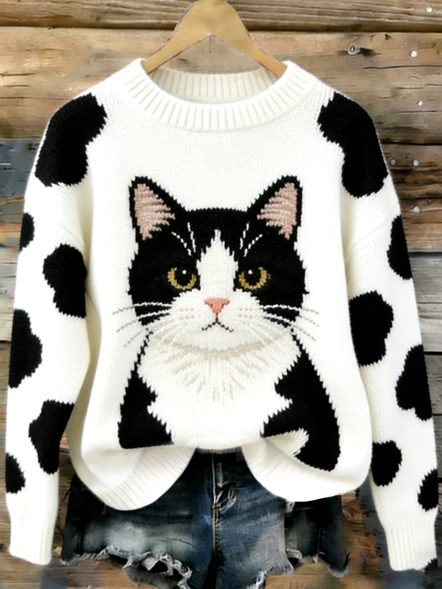 Damen niedliche Katzen-Kunst-Pullover mit Rundhals ausschnitt