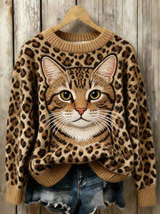 Damen niedliche Katzen-Kunst-Pullover mit Rundhals ausschnitt