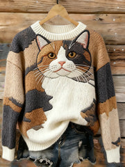 Damen niedliche Katzen-Kunst-Pullover mit Rundhals ausschnitt