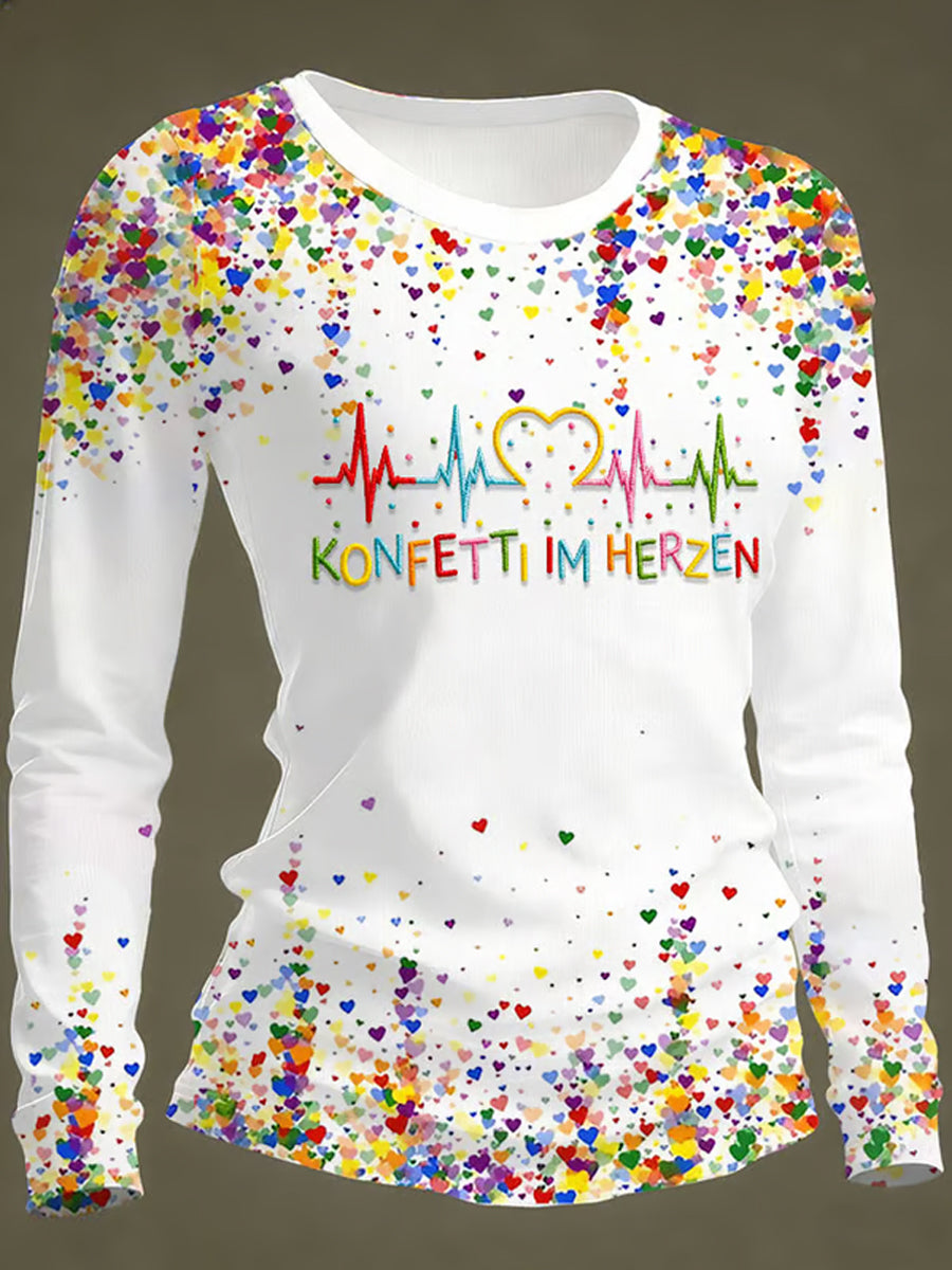 Frauen Kölner Karneval Konfetti im Herzen Print lässig Langarm T-Shirt