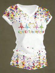 Kölner Karneval für Frauen Konfetti im Herzen Print lässiges T-Shirt mit V-Ausschnitt