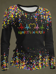 Frauen Kölner Karneval Konfetti im Herzen Print lässig Langarm T-Shirt