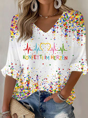 Damen Kölner Karneval Konfetti im Herzen Print lässiges V-Ausschnitt Langarm-Top