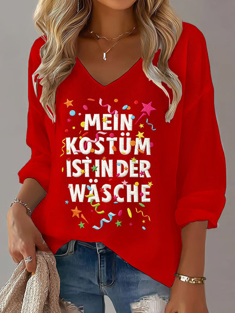 Damen Kölner Karnevals druck Lässiges V-Ausschnitt Langarm-Top