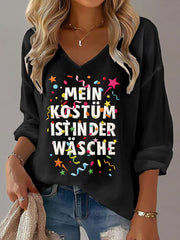 Damen Kölner Karnevals druck Lässiges V-Ausschnitt Langarm-Top