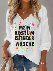 Damen Kölner Karnevals druck Lässiges V-Ausschnitt Langarm-Top