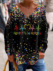 Bedrucktes V-Ausschnitt Revers knopf Vintage Lässiges Langarm-Shirt