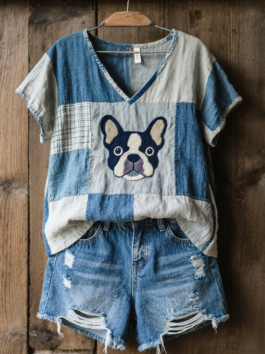 Damen schöne französische Bulldogge Muster Patchwork V-Ausschnitt Top