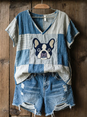 Damen schöne französische Bulldogge Muster Patchwork V-Ausschnitt Top
