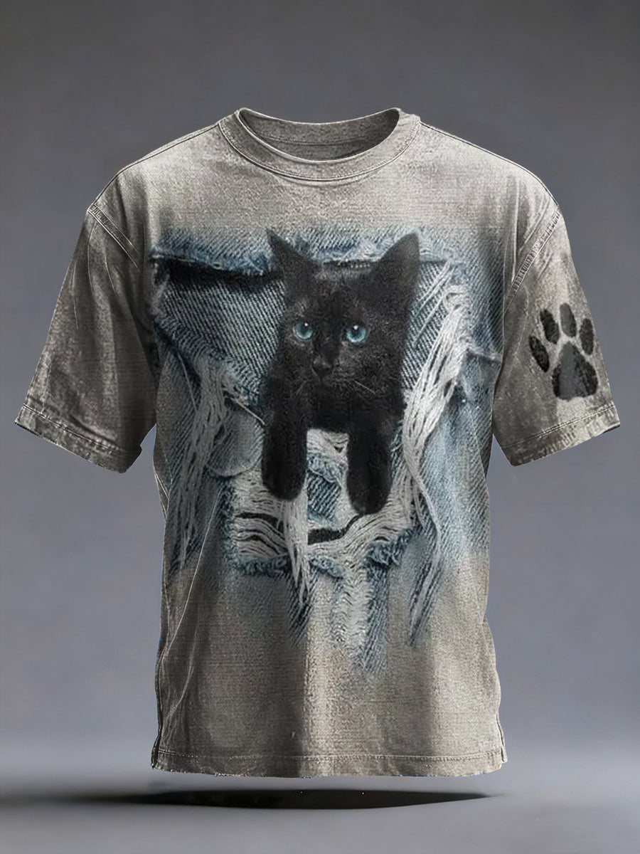 Männer lustige zerrissene Katze Print T-Shirt
