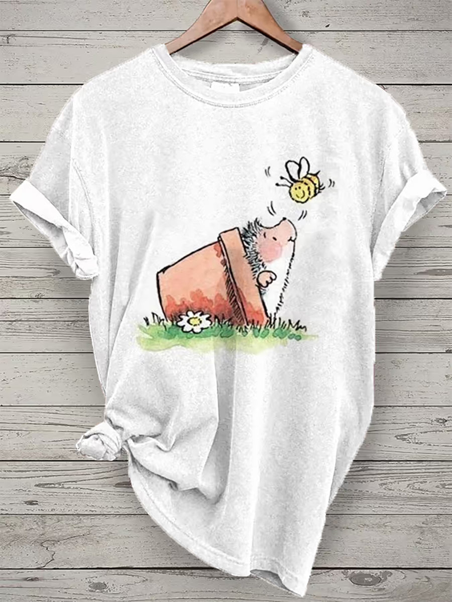 Damen süßes Igel-Print Kurzarm-T-Shirt