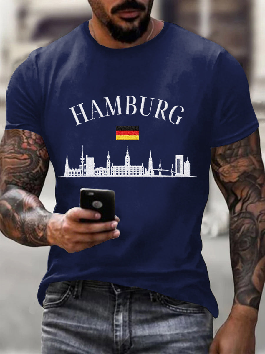 Herren-Hafengeburtstag-Print-T-Shirt mit kurzen Ärmeln