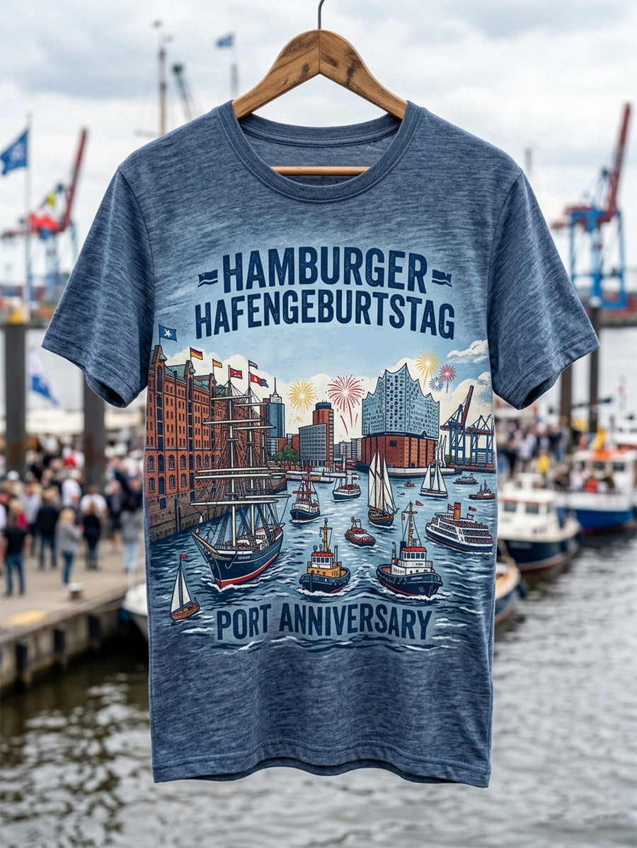 Herren-Hafengeburtstag-Print-T-Shirt mit kurzen Ärmeln