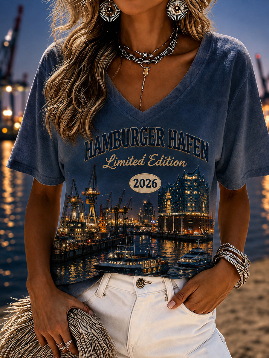 Damen-T-Shirt mit Kunstdruck Hamburger Hafen