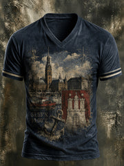 Herren-Retro-T-Shirt mit V-Ausschnitt, Hamburg, Stadthafen