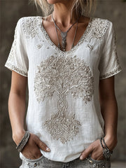 Damen-Eleganter Wikinger-Lebensbaum-Kunstdruck Leinen-T-Shirt mit kurzen Ärmeln
