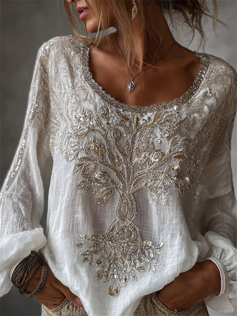 Damen-Vintage-Wikinger-Lebensbaum-Blusenhemd aus Baumwoll-Leinen mit Glitzer-Blumenmuster