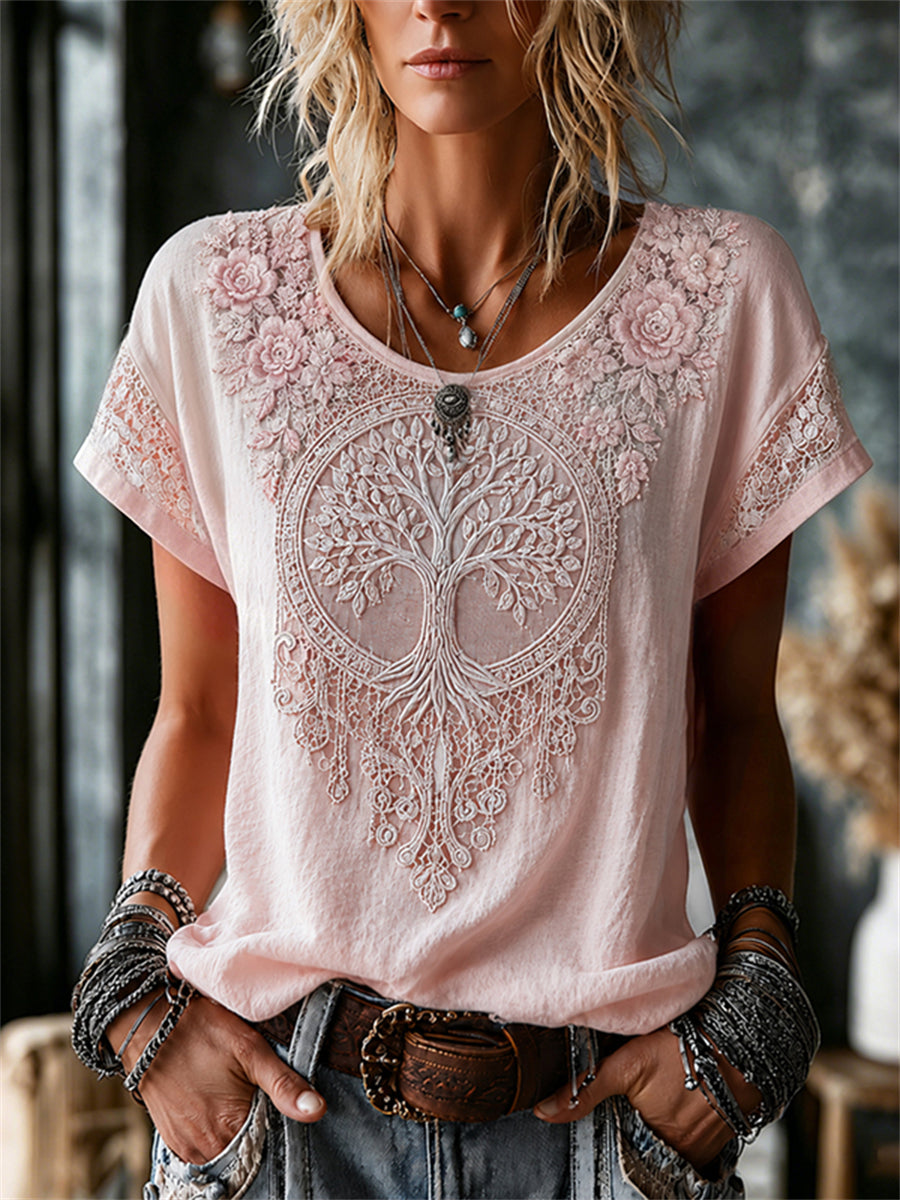 Damen-Viking-Blumen-T-Shirt mit Lebensbaum-Motiv und Spitzenprint, aus Leinen, mit kurzen Ärmeln