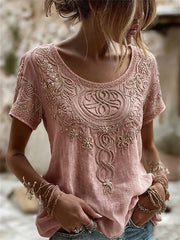 Damen-Vintage-T-Shirt aus Leinen mit keltischem Wikingerknoten- und Blumenmuster sowie kurzen Ärmeln