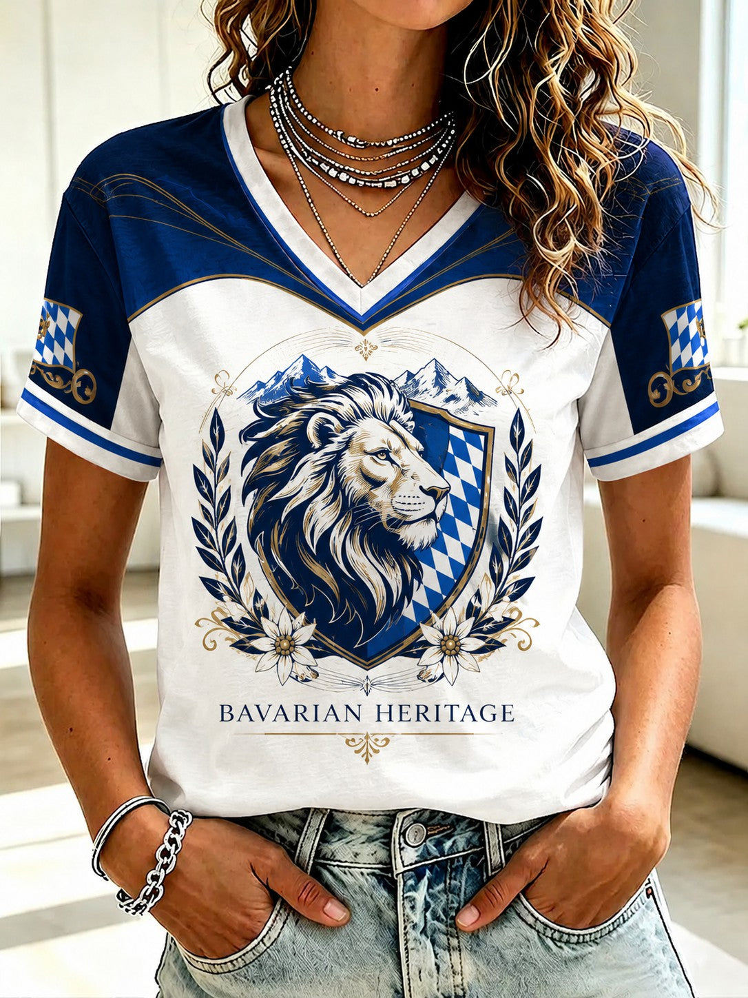 Damen-T-Shirt mit deutschem bayerischen Löwen-Print und V-Ausschnitt