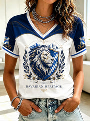 Damen-T-Shirt mit deutschem bayerischen Löwen-Print und V-Ausschnitt