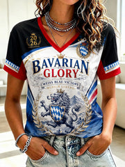 Damen-T-Shirt mit V-Ausschnitt und deutschem bayerischem Glanz-Print