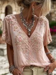Damen-Vintage-T-Shirt aus Leinen mit Lebensbaum- und Blumenmuster sowie kurzen Ärmeln