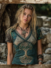 Damen-Vintage-T-Shirt mit Wikinger-Lebensbaum und keltischem Muster, kurzärmelig