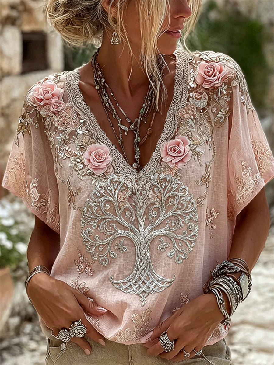 Damen-Viking-T-Shirt mit Lebensbaum- und klassischen Rosen-Blumenprint aus Leinen, kurzärmelig