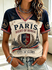 T-shirt à col en V imprimé pour le championnat de football féminin de Paris