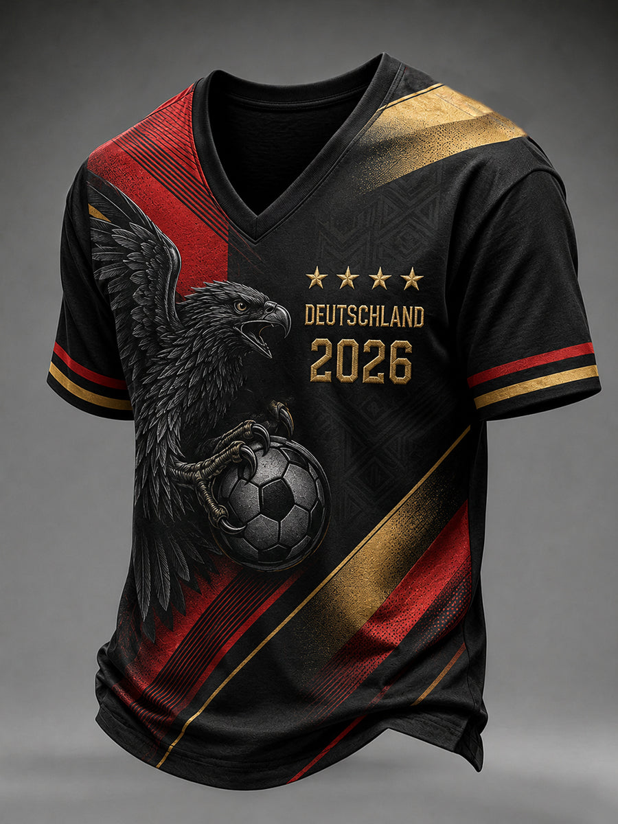 Herren-T-Shirt mit V-Ausschnitt und Fußballmotiv für deutsche Fans