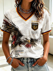 Damen-T-Shirt mit V-Ausschnitt und Fußball-Print, Deutschland