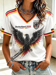 Damen-T-Shirt mit V-Ausschnitt und Fußball-Print, Deutschland