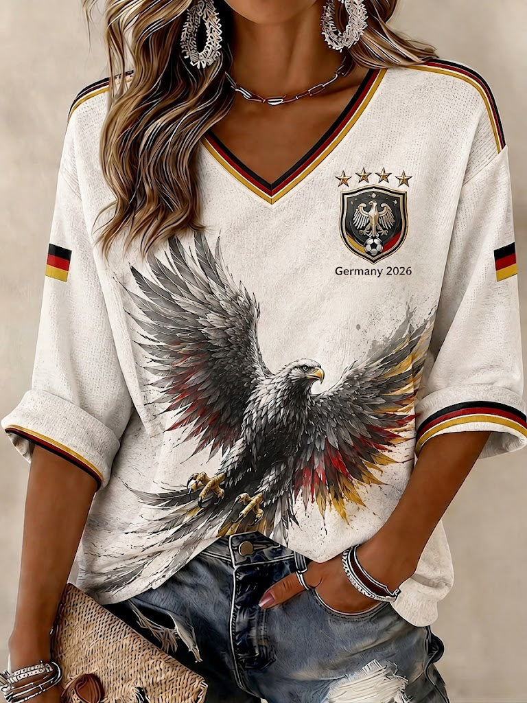 Damen-Fußball-T-Shirt aus Deutschland mit mittellangen Ärmeln und V-Ausschnitt, bedruckt